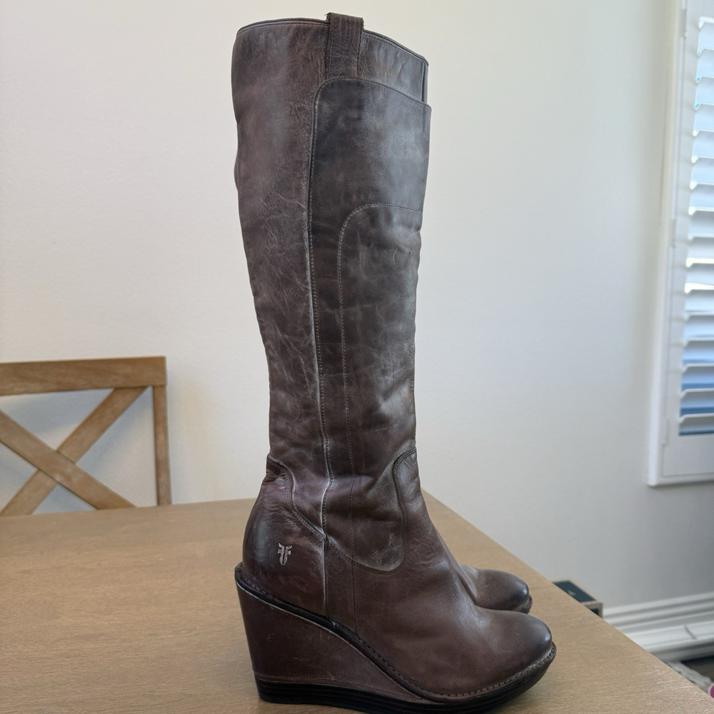 FRYE 10M Paige Wedge X Stitch Tobacco Brown Leather Knee High Heel Boots 76189